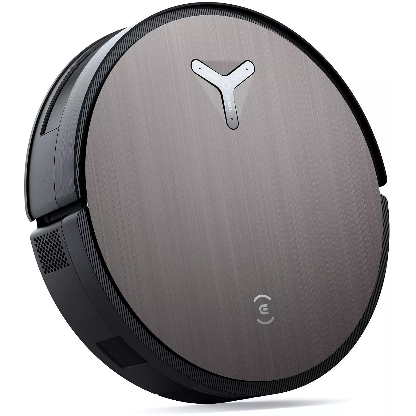 L'ECOVACS X11 omni est un robot nettoyeur rond et moderne, doté d'une finition en métal brossé et d'un bouton d'alimentation en forme de Y sur le dessus.