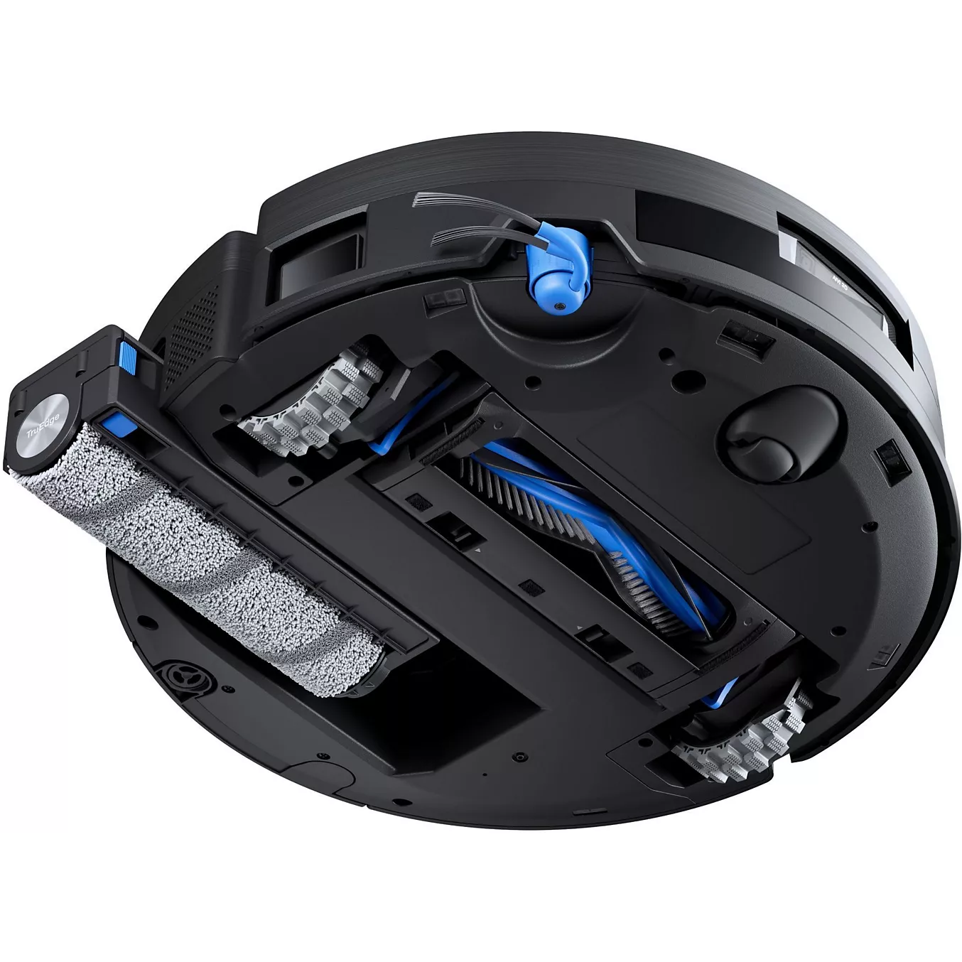 Vue rapprochée du dessous de l'aspirateur robot ECOVACS X11 omni, mettant en évidence sa brosse et ses roues conçues pour un nettoyage automatique.