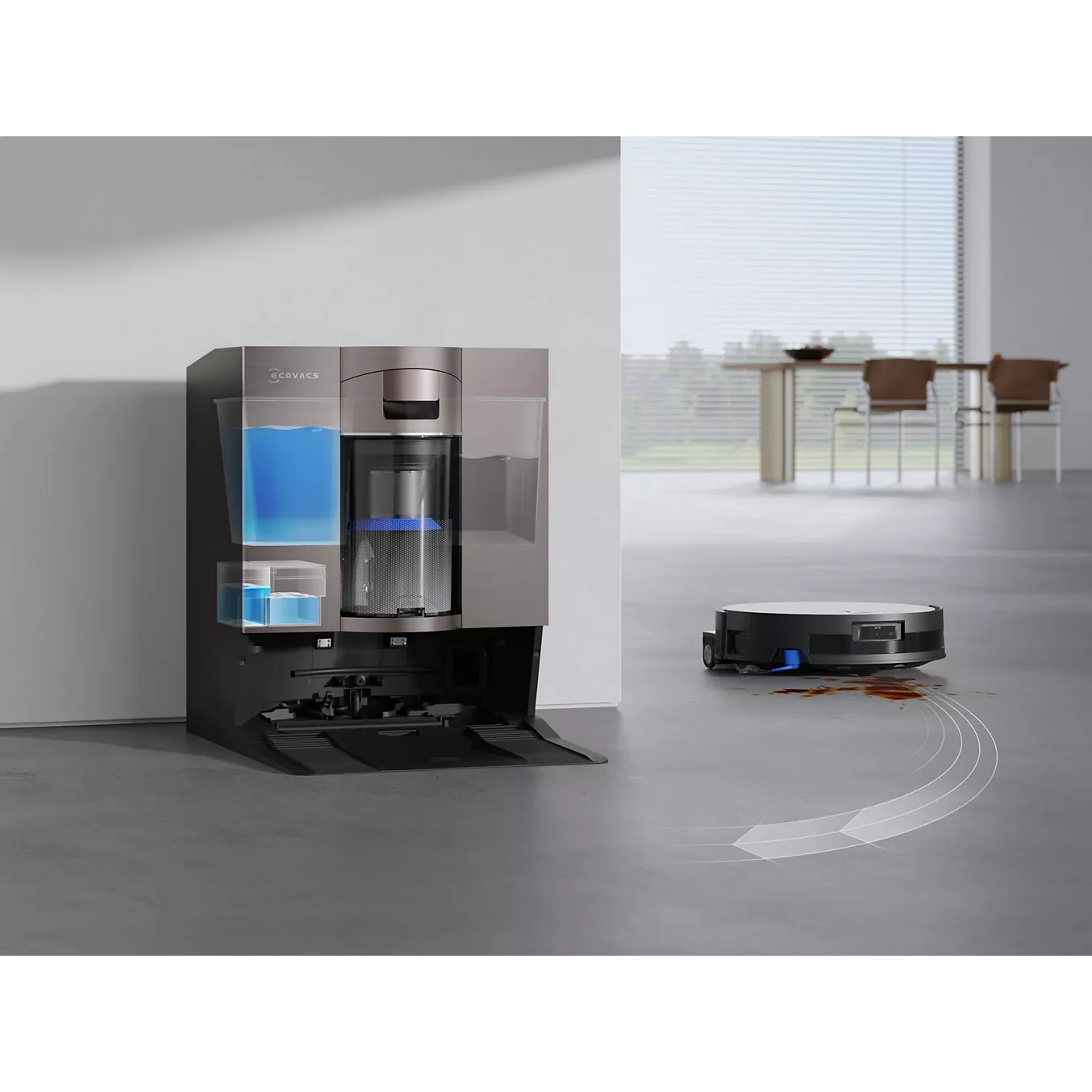 L'aspirateur robot ECOVACS X11 omni retourne à sa station d'accueil et de nettoyage dans une pièce moderne et lumineuse avec de grandes fenêtres.