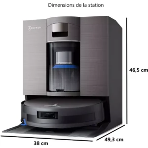L'aspirateur robot ECOVACS X11 omni, de couleur noire, est installé sur sa station de charge (46,5x49,3x38 cm), prêt à nettoyer efficacement les sols.