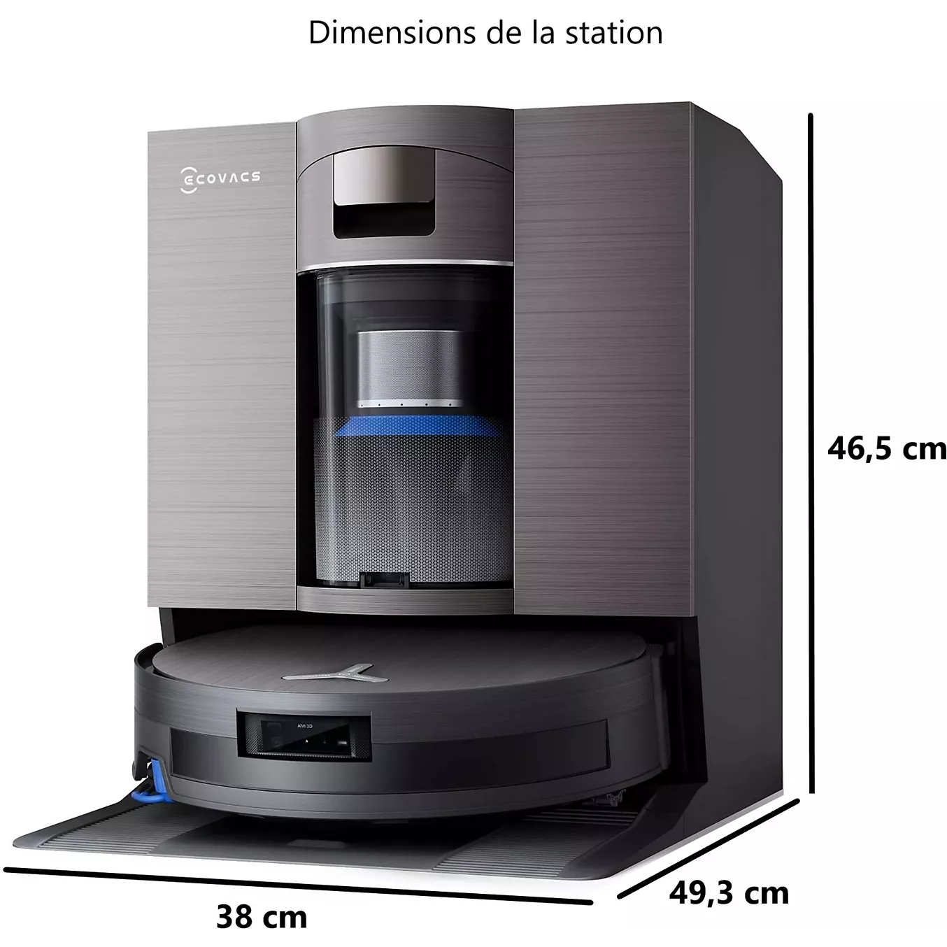 L'aspirateur robot ECOVACS X11 omni, de couleur noire, est installé sur sa station de charge (46,5x49,3x38 cm), prêt à nettoyer efficacement les sols.