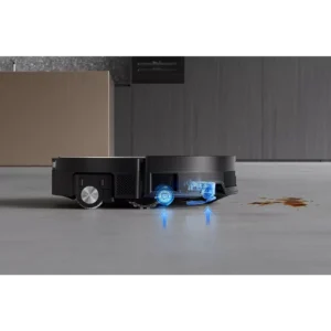 L'aspirateur robot ECOVACS X11 omni nettoie un déversement sur le sol. Les flèches bleues situées en dessous illustrent sa forte puissance d'aspiration.