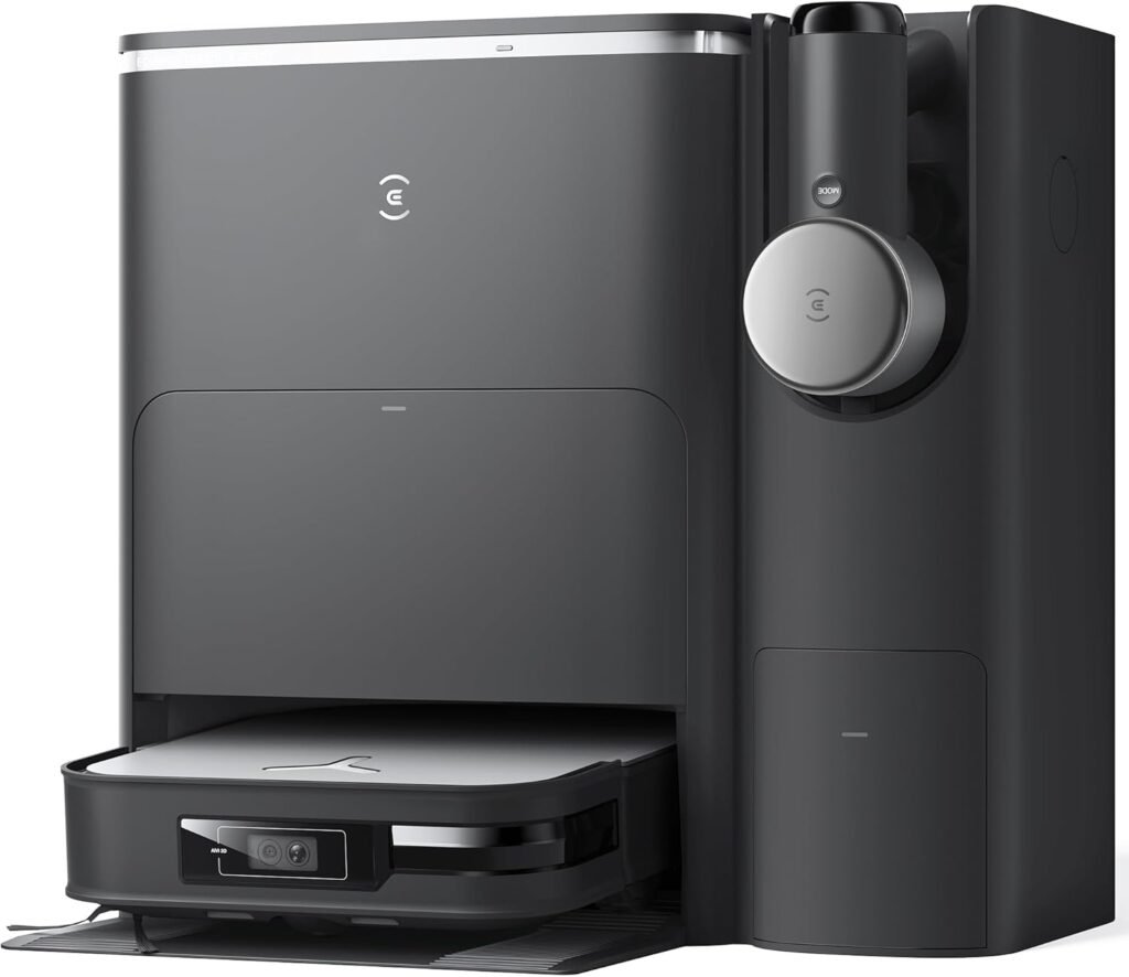 L'ECOVACS X2 COMBO, dans une finition noire élégante, est installé dans sa station de charge et de nettoyage moderne.