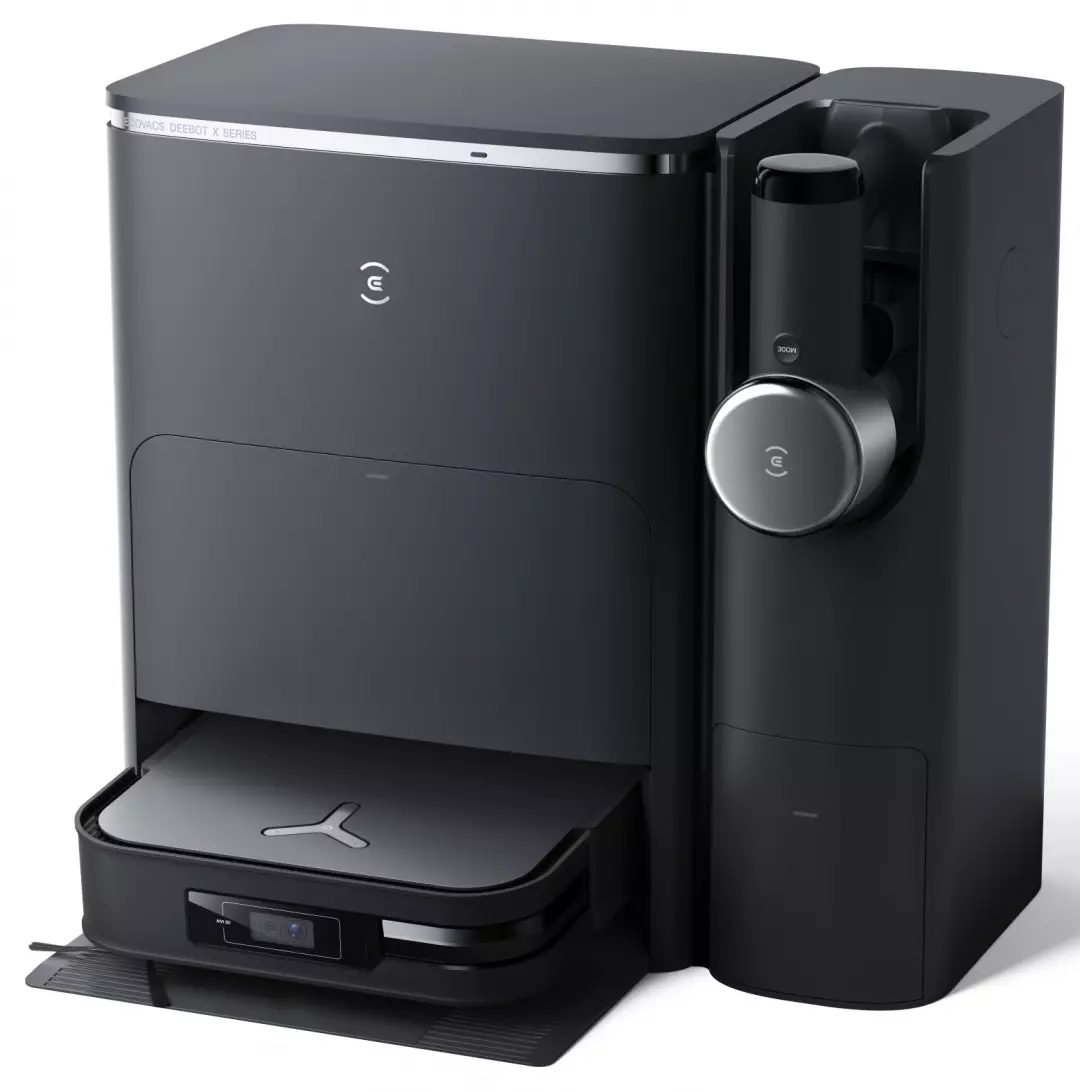 L'ECOVACS X2 COMBO, un aspirateur robot noir, est présenté avec sa station de chargement et de nettoyage sur un fond blanc.