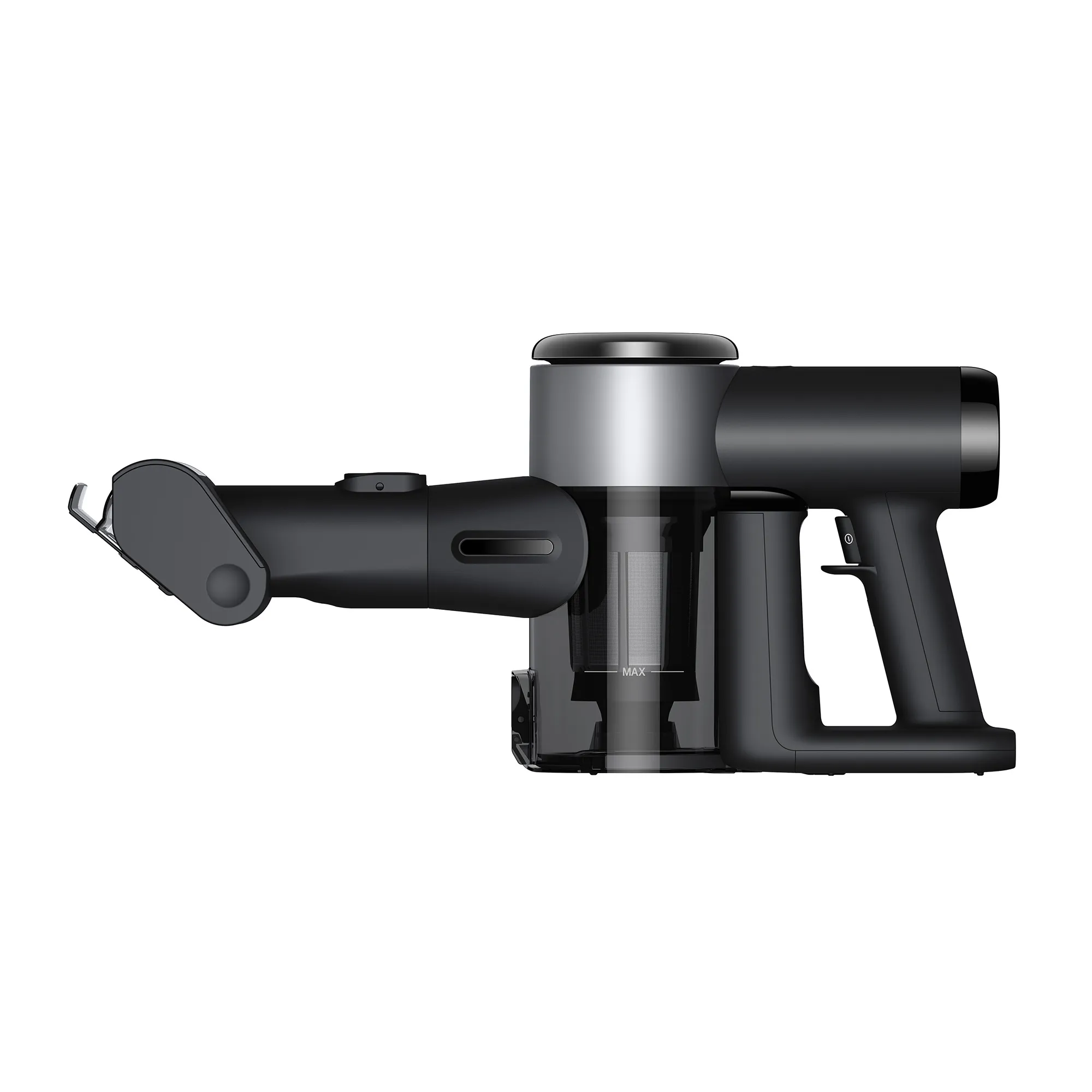 L'aspirateur portatif sans fil ECOVACS X2 COMBO est doté d'un design noir élégant et d'un bac à poussière transparent. Il est idéal pour accompagner votre aspirateur robot.