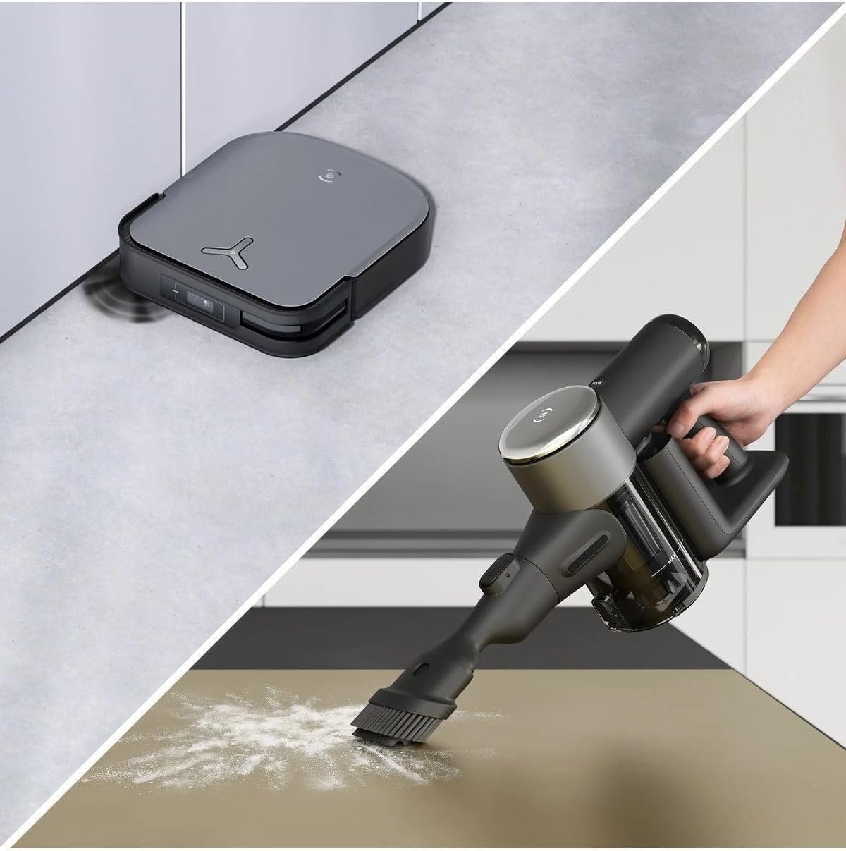 Le robot ECOVACS X2 COMBO aspire le sol tandis que son aspirateur à main est utilisé pour nettoyer la poudre répandue.