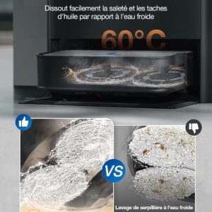 Illustration comparant le lavage de serpillières avec de l'eau chaude à 60°C par rapport à de l'eau froide, montrant des résultats de nettoyage supérieurs avec de l'eau chaude - idéal pour les aspirateurs robots tels que l'ECOVACS X2 COMBO.