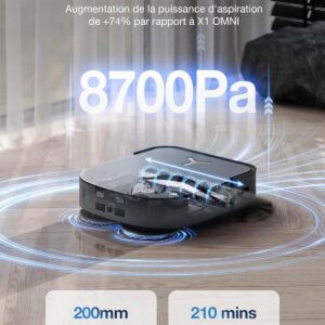 L'aspirateur robot ECOVACS X2 COMBO est doté d'une aspiration de 8700Pa, d'une brosse à rouleau de 200 mm et d'une autonomie de 210 minutes pour un nettoyage efficace des sols.