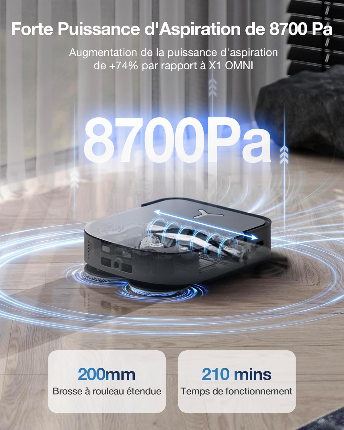 L'aspirateur robot ECOVACS X2 COMBO est doté d'une aspiration de 8700Pa, d'une brosse à rouleau de 200 mm et d'une autonomie de 210 minutes pour un nettoyage efficace des sols.