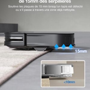 L'ECOVACS X2 COMBO soulève son balai de 15 mm lorsqu'il détecte de la moquette, tandis que l'encart montre que le balai combo se soulève de moins de 10 mm sur les sols durs.