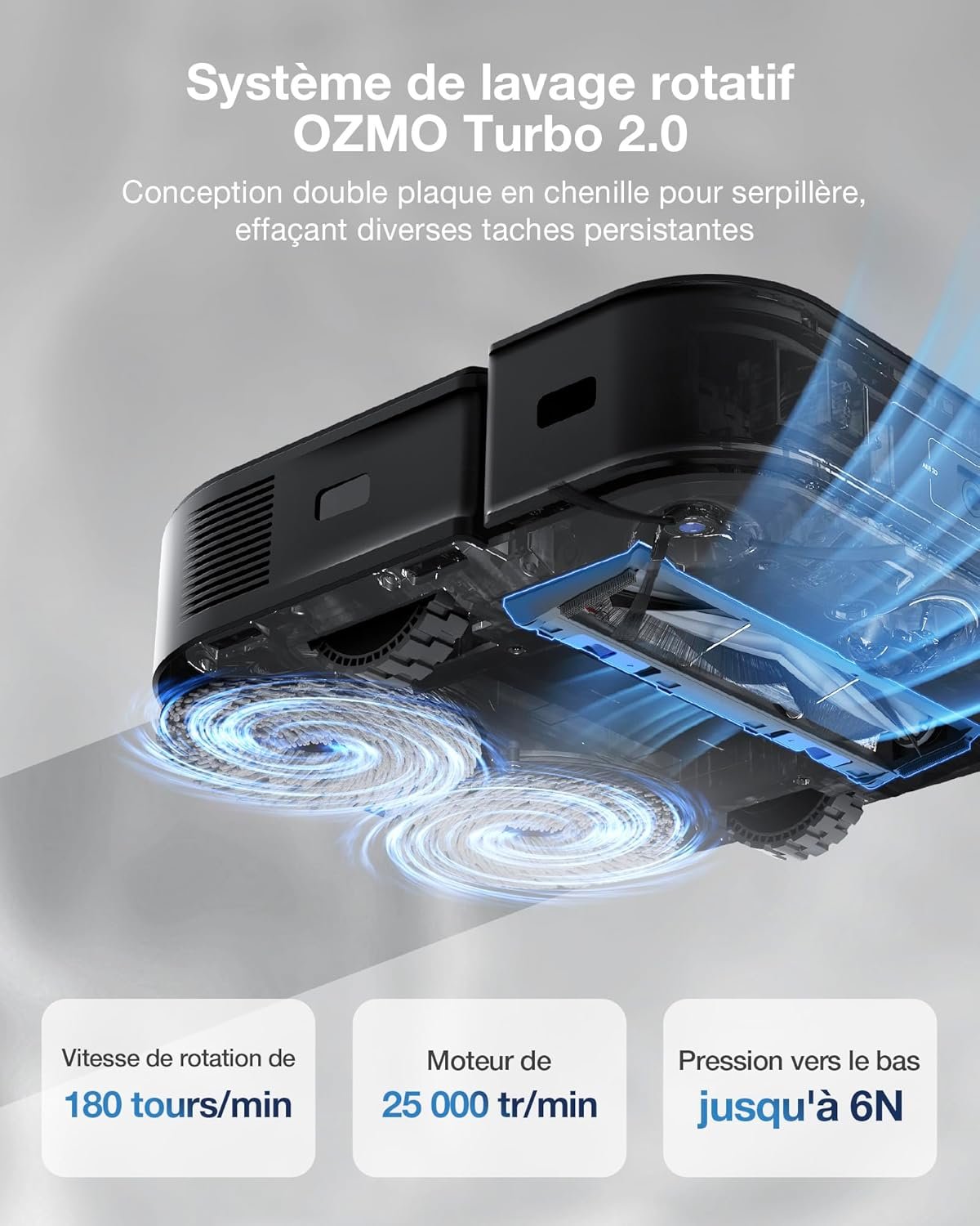 L'ECOVACS X2 COMBO est doté d'une serpillière robotisée avec deux tampons rotatifs, une vitesse de moteur élevée et une pression vers le bas, ainsi que d'un système d'aspiration sans faille pour un nettoyage efficace et complet.
