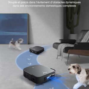 Deux aspirateurs robots ECOVACS X2 COMBO se déplacent de manière experte autour d'un chien et d'obstacles dans un salon moderne, démontrant ainsi leur navigation avancée alimentée par l'IA.
