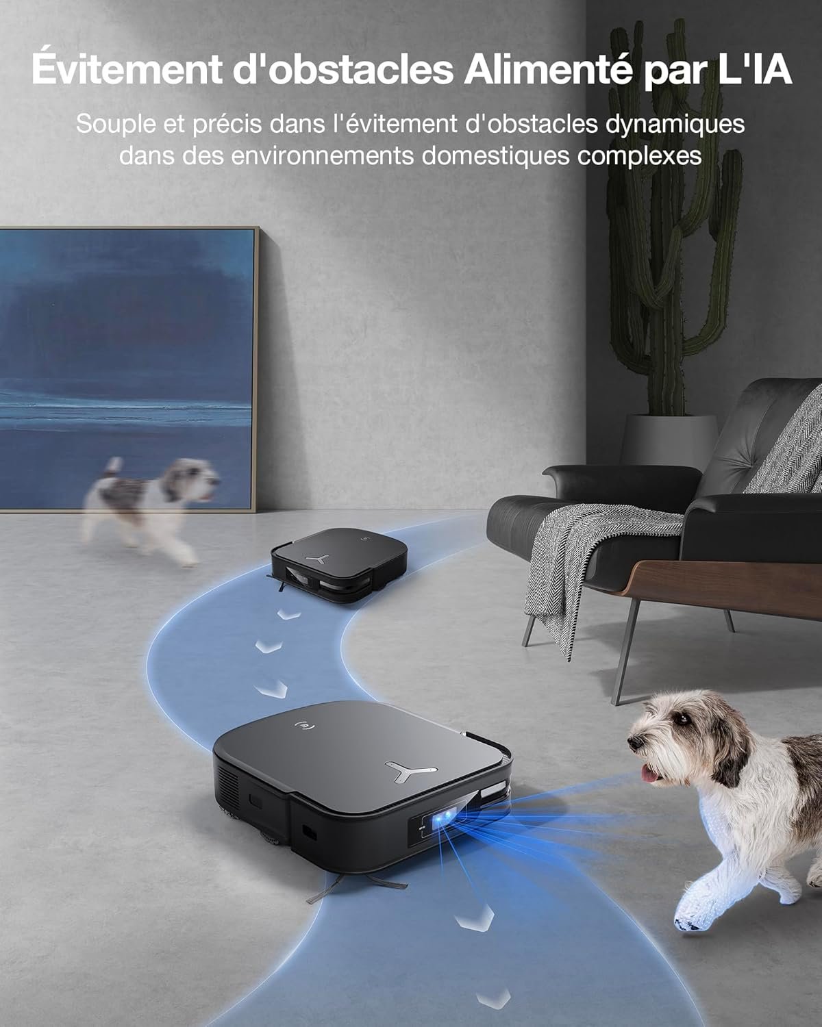 Deux aspirateurs robots ECOVACS X2 COMBO se déplacent de manière experte autour d'un chien et d'obstacles dans un salon moderne, démontrant ainsi leur navigation avancée alimentée par l'IA.