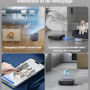Quatre panneaux présentent l'ECOVACS X2 COMBO, un aspirateur robot doté d'un système de navigation LiDAR, de fonctions adaptées aux animaux domestiques, d'une cartographie 3D et d'une compatibilité avec l'assistant vocal.