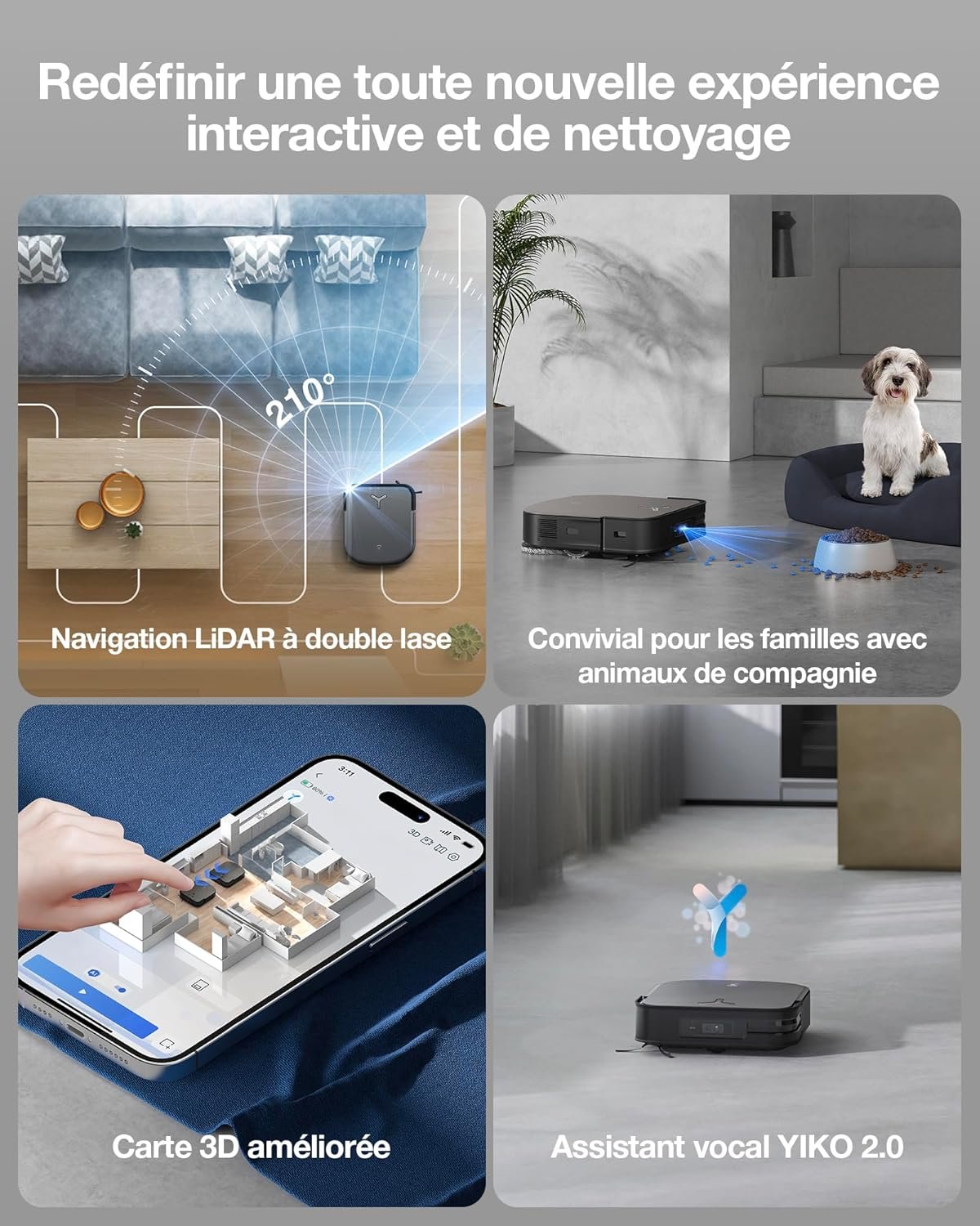 Quatre panneaux présentent l'ECOVACS X2 COMBO, un aspirateur robot doté d'un système de navigation LiDAR, de fonctions adaptées aux animaux domestiques, d'une cartographie 3D et d'une compatibilité avec l'assistant vocal.