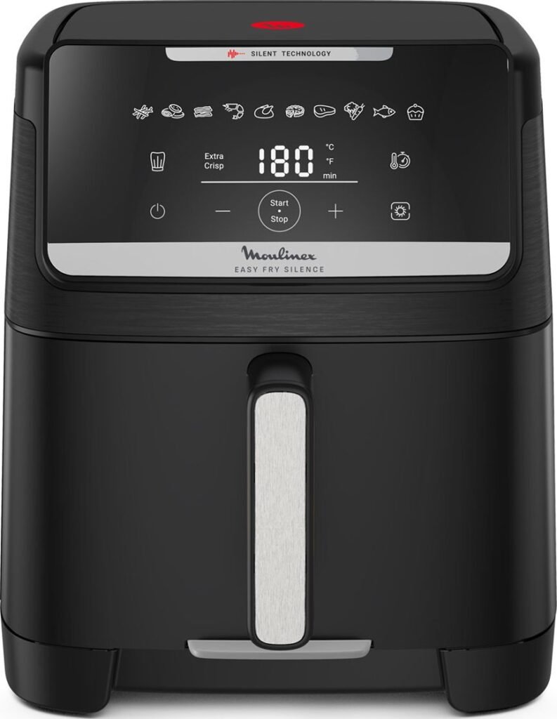 La friteuse MOULINEX EZ8428F0 est une friteuse noire dotée d'un écran digital réglé sur 180°C, avec des icônes indiquant plusieurs modes de cuisson.
