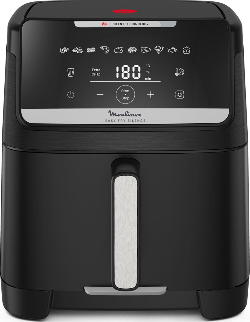 La friteuse MOULINEX EZ8428F0 est une friteuse noire dotée d'un écran digital réglé sur 180°C, avec des icônes indiquant plusieurs modes de cuisson.
