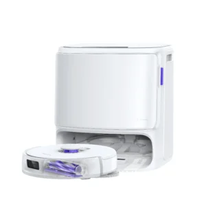 Un aspirateur robot NARWAL FREO Z10 PRO est placé dans sa station d'accueil blanche pour le nettoyage et la recharge automatiques.