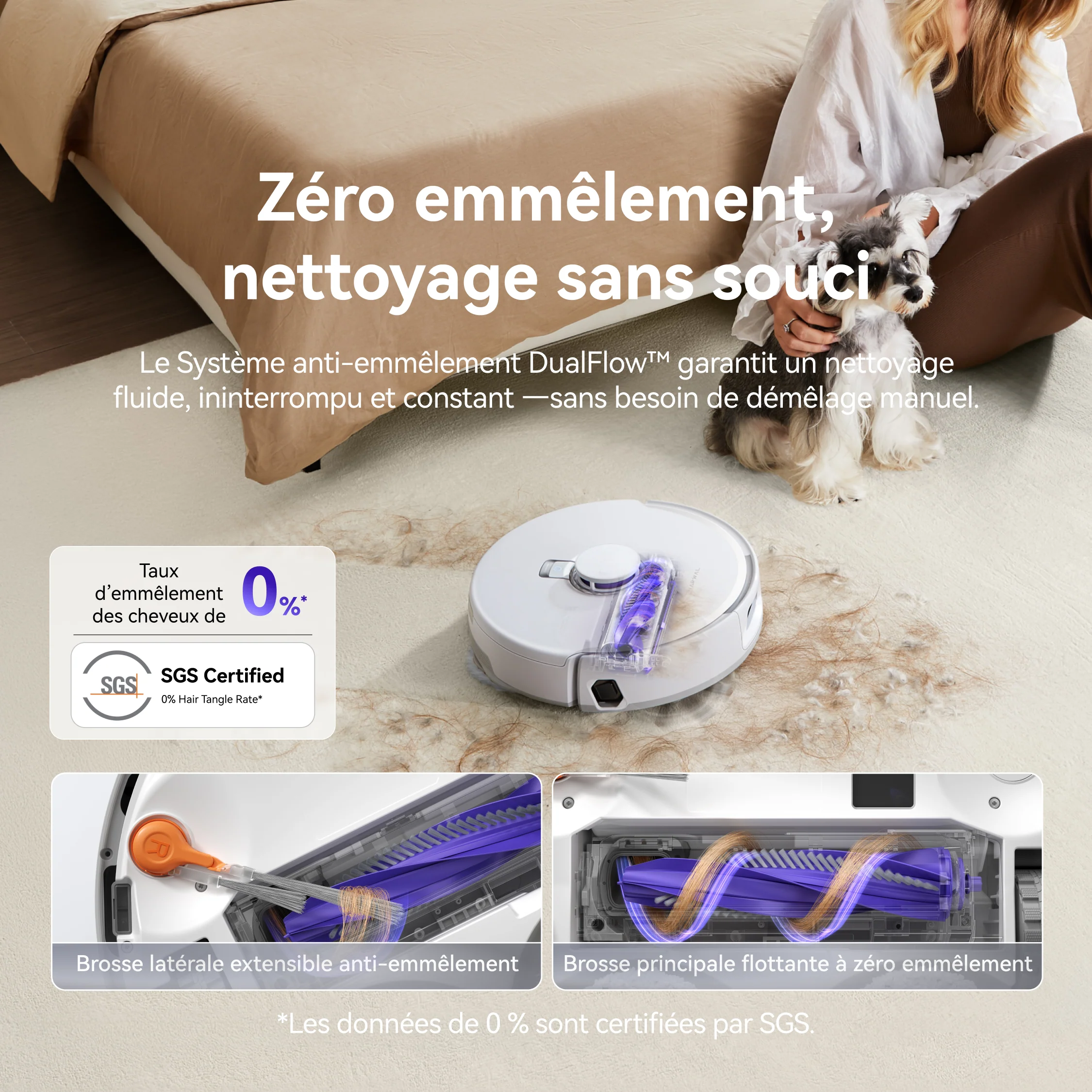 Un aspirateur robot NARWAL FREO Z10 PRO enlève les poils d'animaux d'un tapis pendant qu'une femme caresse son chien ; des gros plans montrent la technologie avancée de la brosse anti-enchevêtrement.