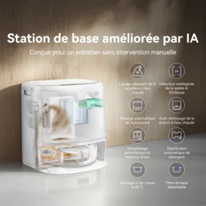 Base transparente de nettoyage intelligent pour l'aspirateur robot NARWAL FREO Z10 PRO, mettant en évidence les fonctions d'IA labellisées, présentée devant un mur en bois.