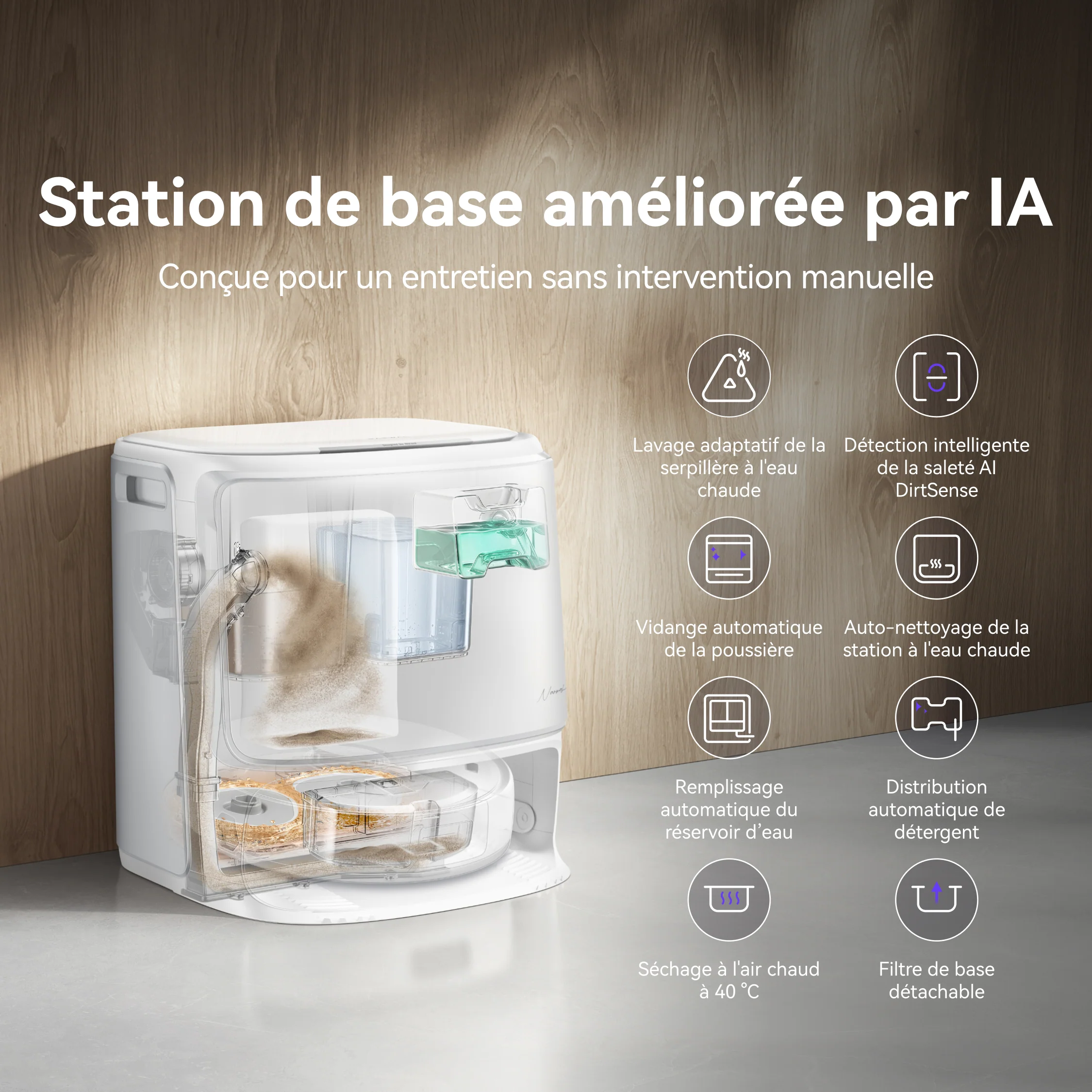 Base transparente de nettoyage intelligent pour l'aspirateur robot NARWAL FREO Z10 PRO, mettant en évidence les fonctions d'IA labellisées, présentée devant un mur en bois.