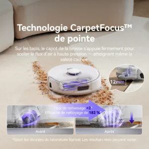 L'aspirateur robot NARWAL FREO Z10 PRO nettoie efficacement un tapis sale, offrant des résultats impressionnants avec une amélioration notable de la propreté avant et après utilisation.