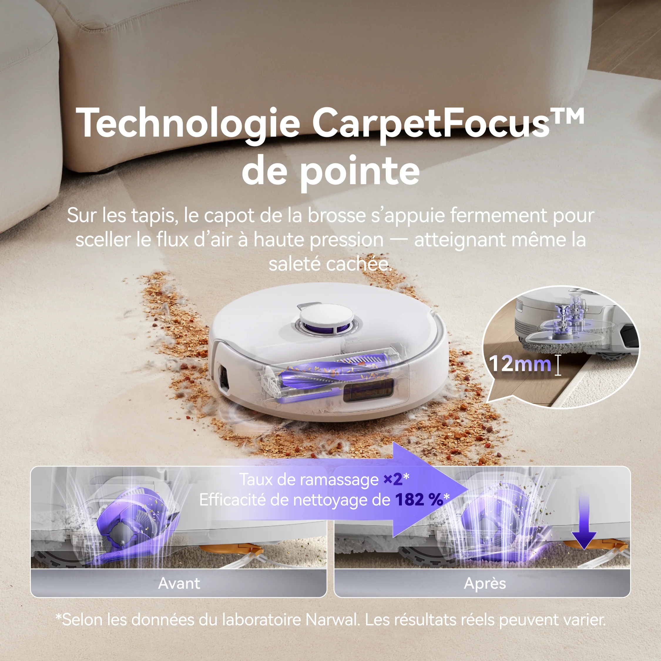 L'aspirateur robot NARWAL FREO Z10 PRO nettoie efficacement un tapis sale, offrant des résultats impressionnants avec une amélioration notable de la propreté avant et après utilisation.