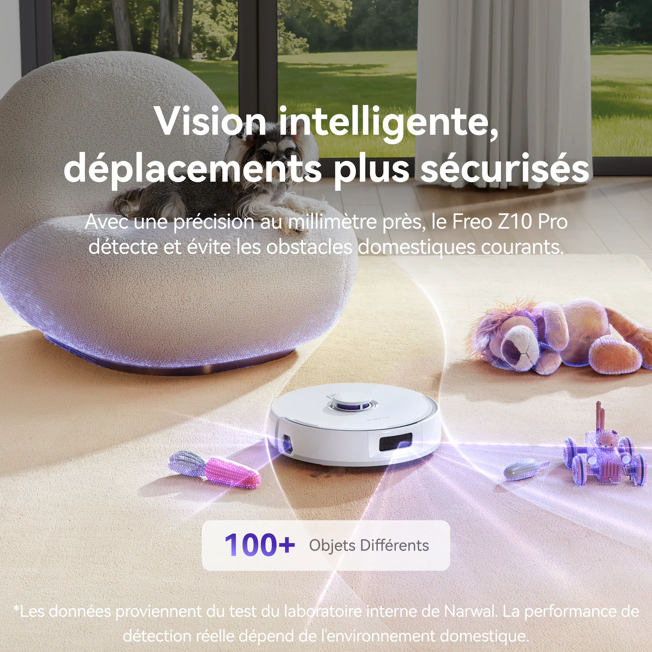 Un aspirateur robot NARWAL FREO Z10 PRO contourne les jouets et les meubles sur la moquette beige d'un salon moderne.