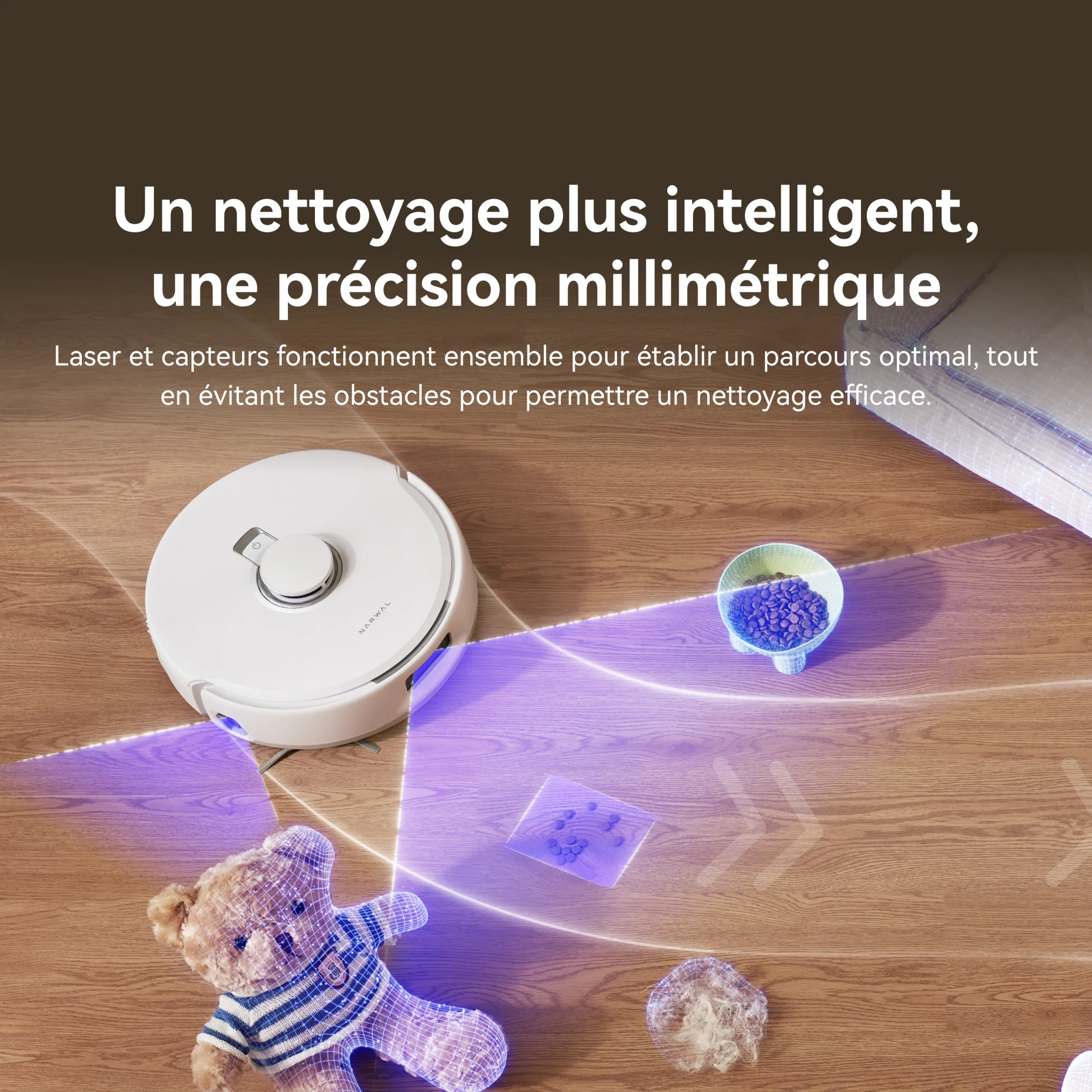 L'aspirateur robot NARWAL FREO X10 PRO utilise des capteurs laser bleus pour contourner les jouets et les obstacles sur un sol en bois.