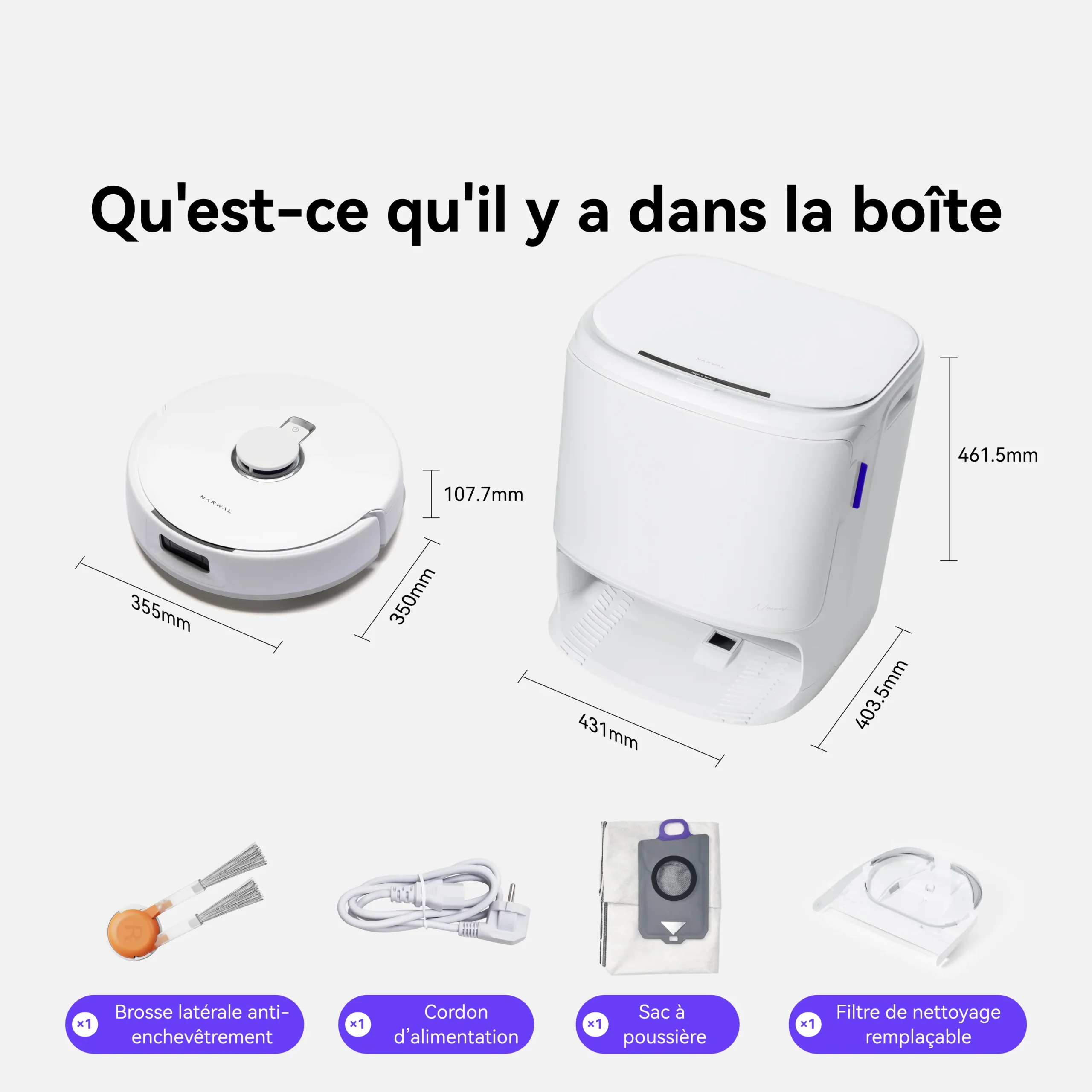 Robot aspirateur NARWAL FREO X10 PRO pour le nettoyage des sols, livré avec station de recharge, brosse, câble, sac à poussière et filtre. Efficacité maximale assurée par la technologie avancée sur fond blanc avec dimensions visibles.