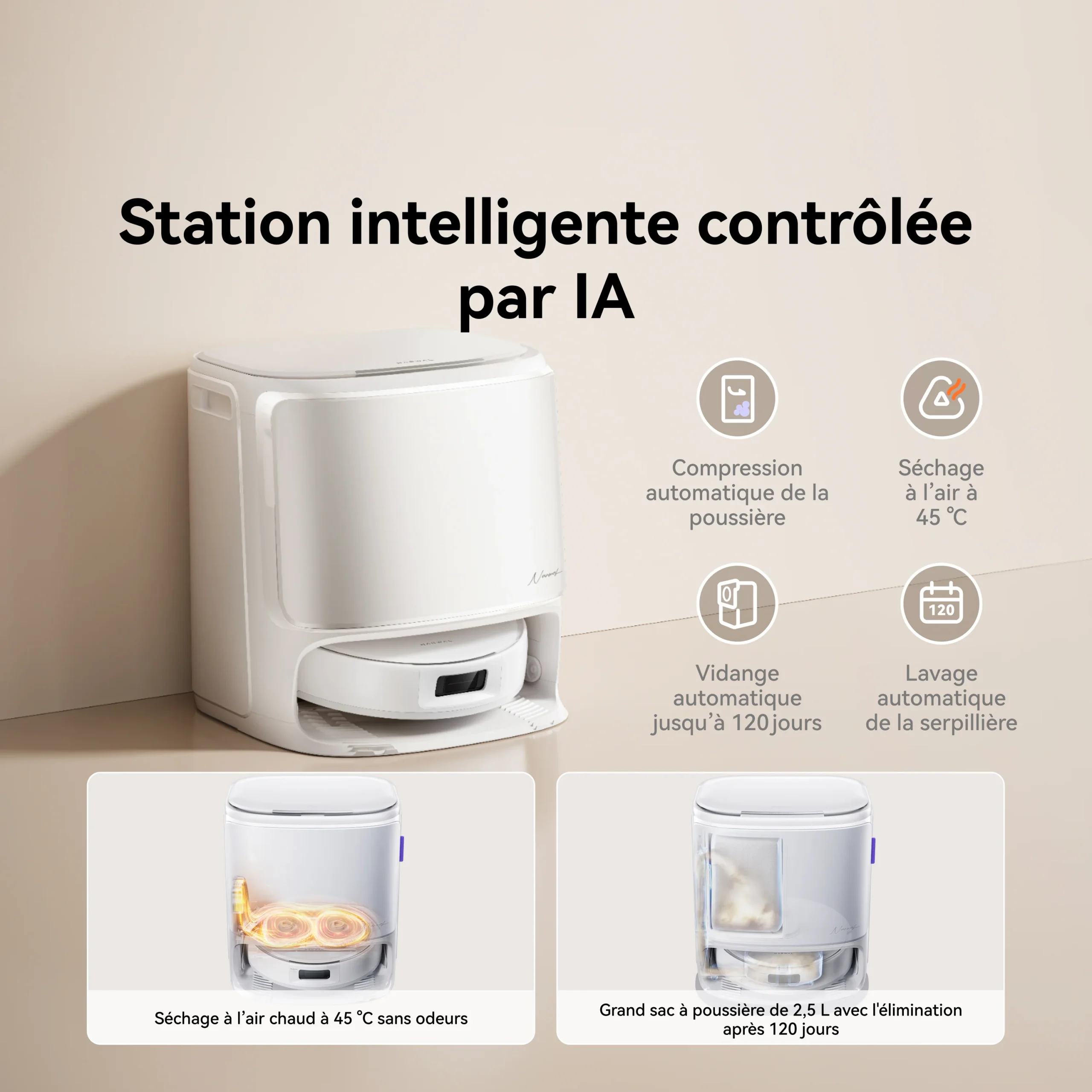Station de nettoyage intelligente blanche affichant un texte en français sur l'aspirateur robot NARWAL FREO X10 PRO, qui offre un contrôle alimenté par l'IA ainsi que des fonctions de dépoussiérage automatique et de lavage de serpillière.