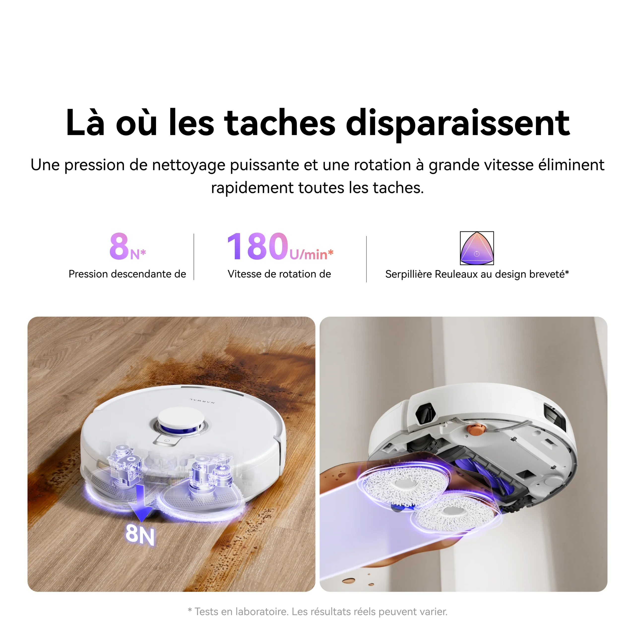 Robot aspirateur blanc NARWAL FREO X10 PRO avec serpillières rotatives, offrant une puissance et une vitesse de nettoyage exceptionnelles pour un entretien efficace et rapide de vos sols.