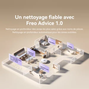 Plan d'étage en 3D avec zones de nettoyage étiquetées et texte en français soulignant le nettoyage fiable par l'aspirateur robot NARWAL FREO X10 PRO, équipé de Freo Advice 1.0 pour un entretien sans effort.