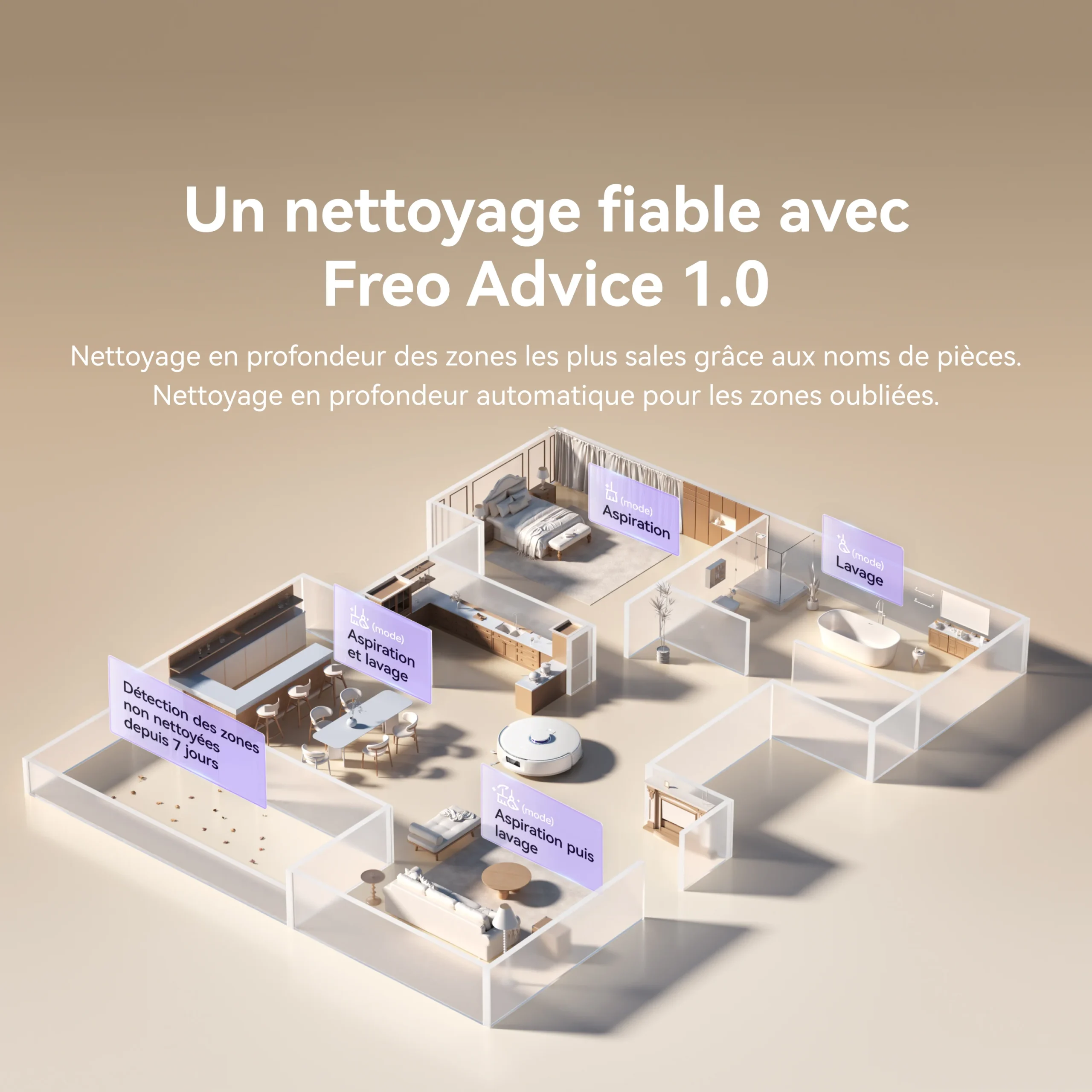 Plan d'étage en 3D avec zones de nettoyage étiquetées et texte en français soulignant le nettoyage fiable par l'aspirateur robot NARWAL FREO X10 PRO, équipé de Freo Advice 1.0 pour un entretien sans effort.