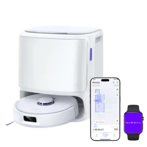 La NARWAL FREO X10 PRO est présentée à côté de sa station d'accueil, d'un smartphone avec l'application ouverte et d'une smartwatch affichant le logo Narwal.