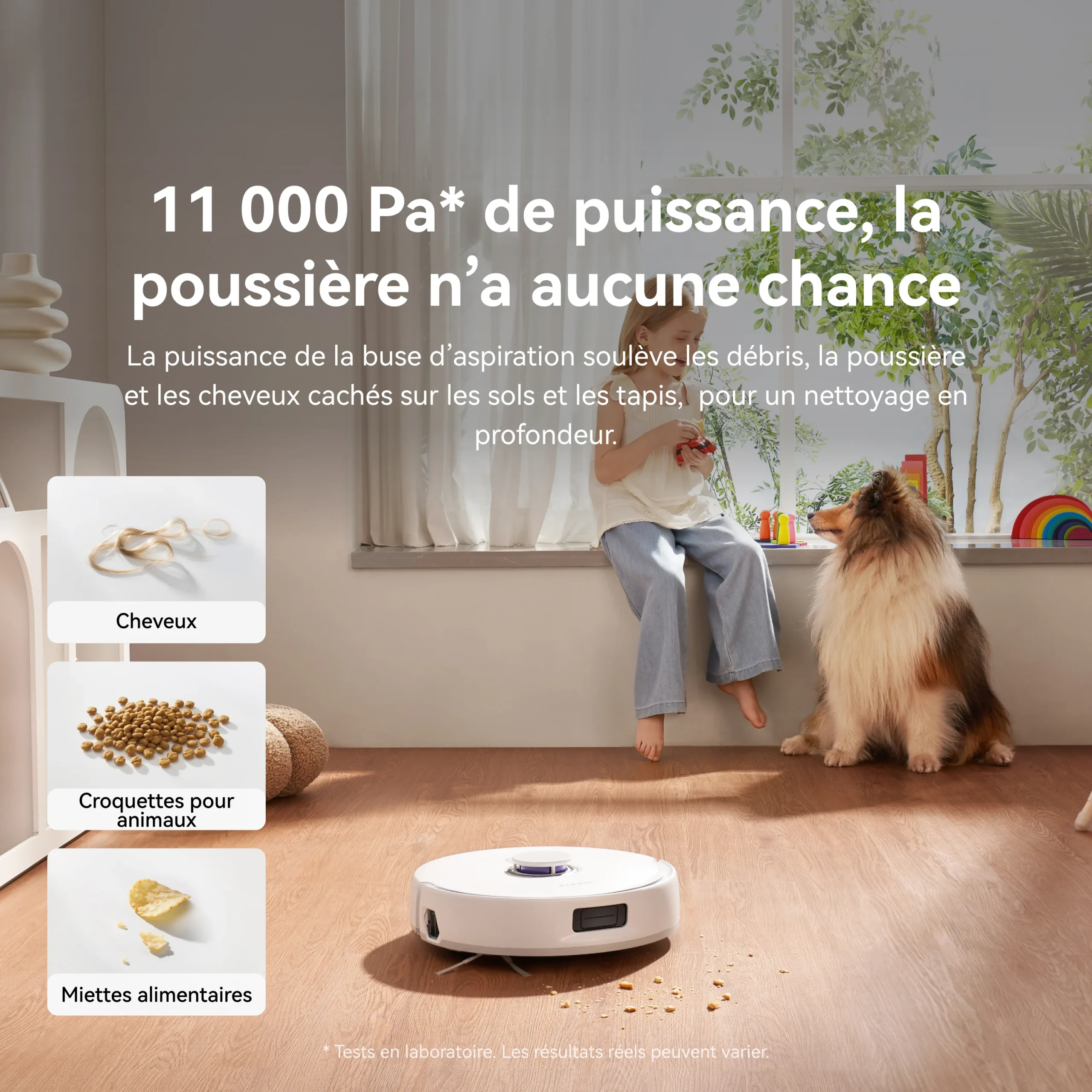 L'aspirateur robot NARWAL FREO X10 PRO nettoie une pièce où se trouvent un enfant et un chien, démontrant ainsi sa capacité à ramasser les poils, les croquettes et les miettes.
