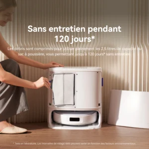 L'utilisateur place la poubelle dans la station d'accueil NARWAL FREO X10 PRO, ce qui lui permet de bénéficier de 120 jours de nettoyage sans entretien.