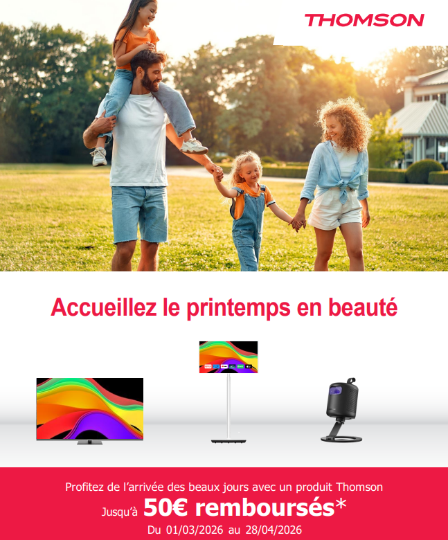 Une famille profite d'une journée ensoleillée dans un parc au-dessus d'une publicité de Thomson Copier offrant jusqu'à 50€ de cashback sur les produits.