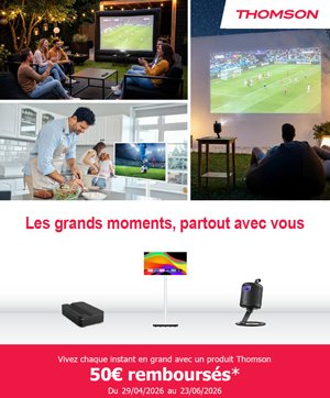 Quatre scènes de personnes profitant de médias sur des projecteurs et des écrans, avec le logo THOMSON, une offre REMBOURSES de 50 € et un point fort de la promotion MARS 26.