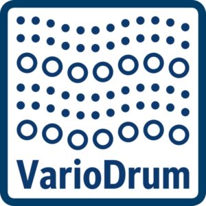 Le logo bleu VarioDrum, avec des points et des cercles au-dessus de "VarioDrum" dans une bordure carrée, symbolise la technologie du tambour doux utilisée dans les lave-linge à chargement frontal BOSCH comme le BOSCH WAN2827AFR.