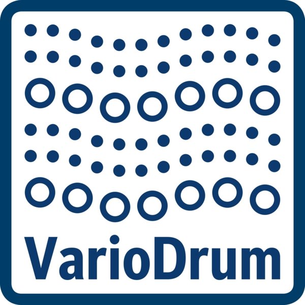 Le logo bleu VarioDrum, avec des points et des cercles au-dessus de "VarioDrum" dans une bordure carrée, symbolise la technologie du tambour doux utilisée dans les lave-linge à chargement frontal BOSCH comme le BOSCH WAN2827AFR.