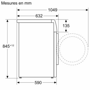 Dessin technique du lave-linge frontal BOSCH WAN2827AFR, indiquant les dimensions étiquetées en millimètres : hauteur 845, largeur 590, et profondeur 632/1049.