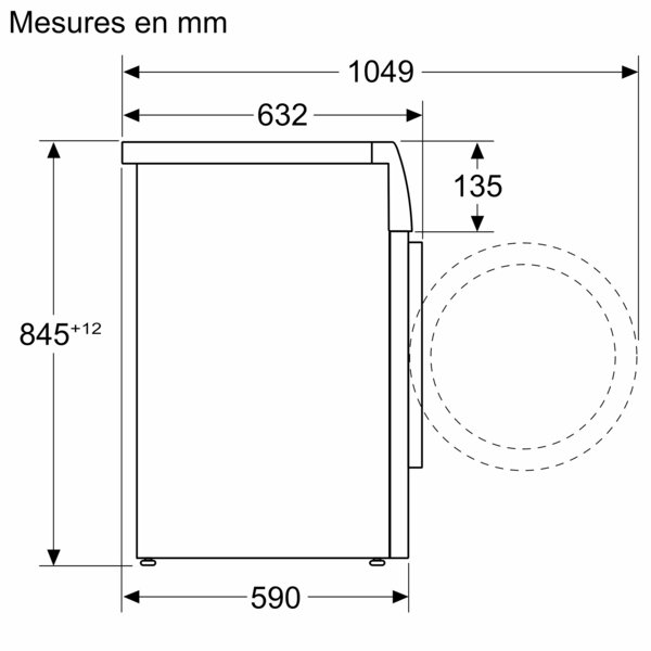 Dessin technique du lave-linge frontal BOSCH WAN2827AFR, indiquant les dimensions étiquetées en millimètres : hauteur 845, largeur 590, et profondeur 632/1049.