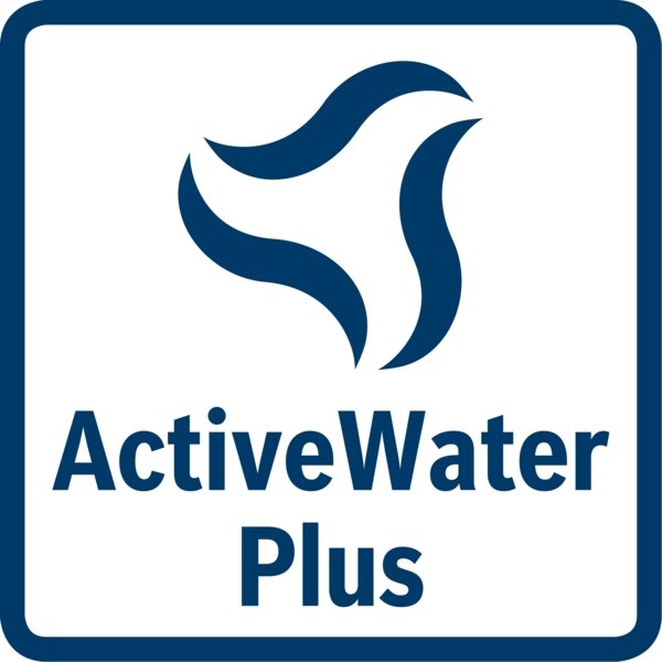 Le lave-linge BOSCH WAN2827AFR arbore un logo "ActiveWater Plus" bleu et blanc avec une vague d'eau abstraite au-dessus du texte.