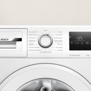 Gros plan sur le panneau de commande du lave-linge BOSCH WAN2827AFR, qui présente plusieurs programmes de lavage et un affichage numérique.