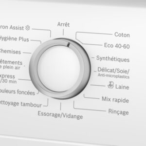Gros plan sur le cadran de commande du lave-linge BOSCH WAN2827AFR, qui affiche les multiples options de cycle de lavage en français.