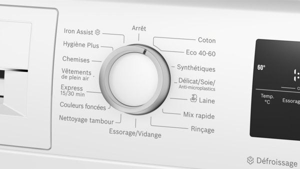 Gros plan sur le cadran de commande du lave-linge BOSCH WAN2827AFR, qui affiche les multiples options de cycle de lavage en français.