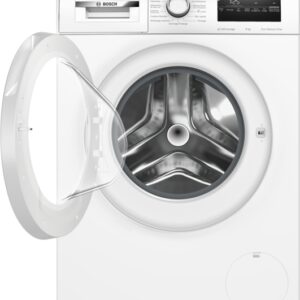 Vue de face du BOSCH WAN2827AFR, montrant sa porte ouverte et le tambour en acier inoxydable vide à l'intérieur.