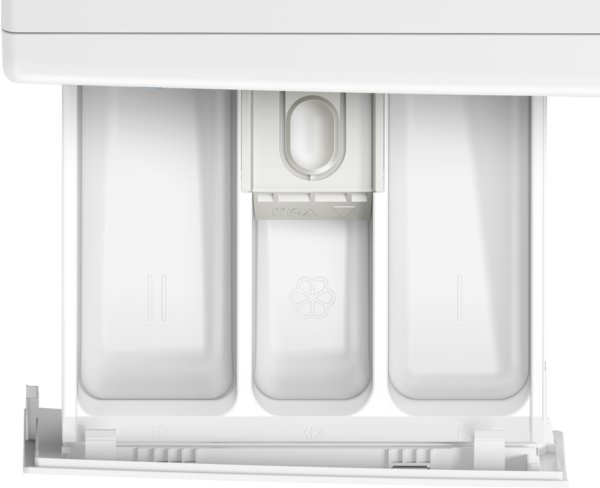 Ouvrez le tiroir à détergent du lave-linge BOSCH WAN2827AFR, qui comporte trois compartiments pour le détergent et l'assouplissant.