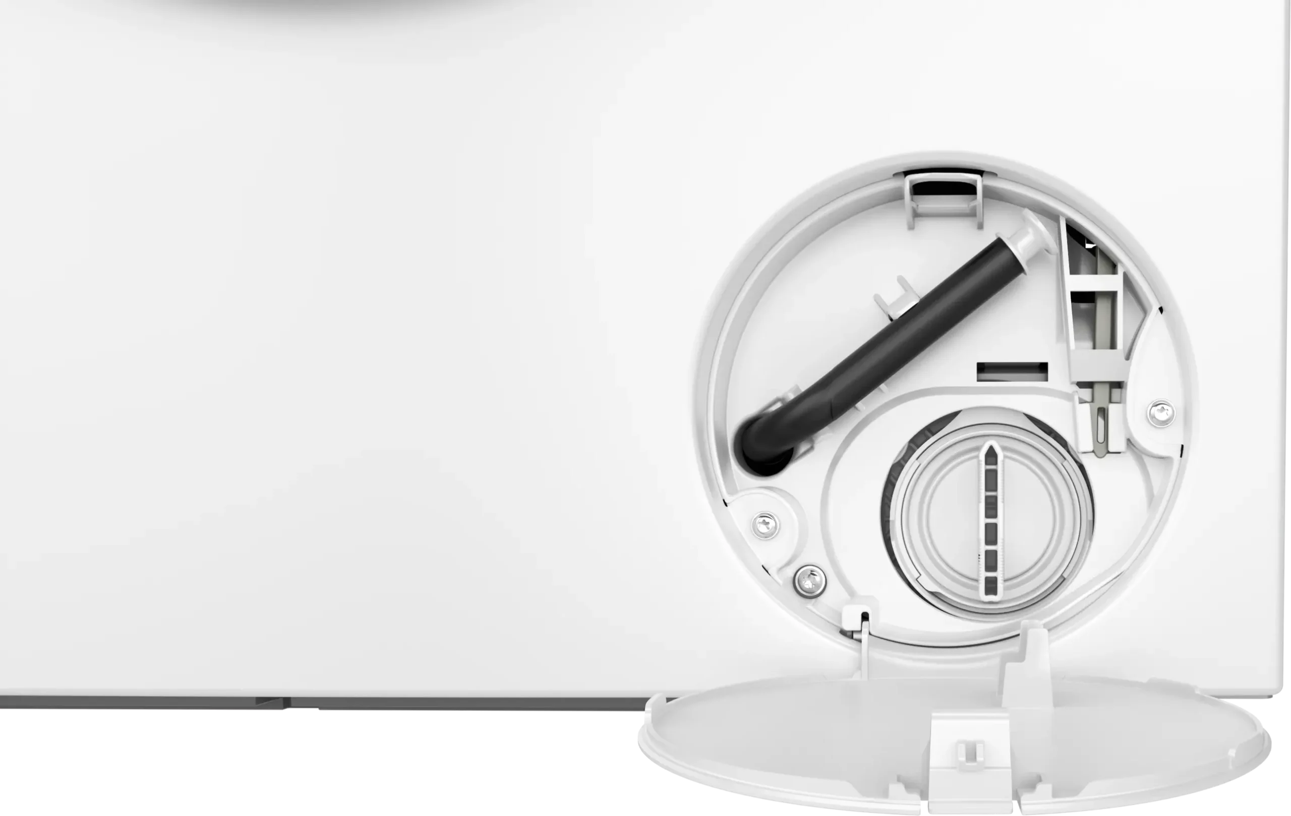 Ouvrez le compartiment du filtre de vidange du lave-linge BOSCH WGG254FAFR (Copie) avec son tuyau exposé et le bouchon rond du filtre sur une surface blanche.